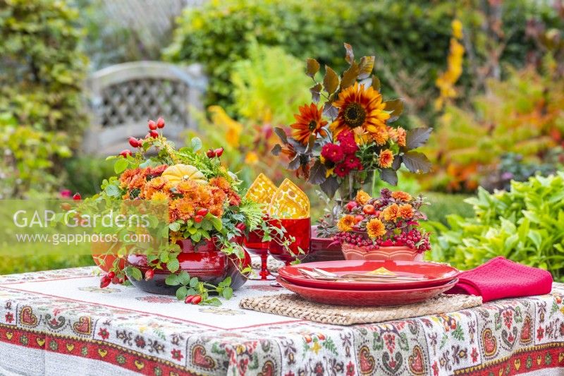 Autumnal table display with containers of Chrysanthemums, Rosehips, Squash, Ivy, Ferns, berries and crab-apples with a vase of Beech sprigs, helianthus and Chrysanthemums and a red tableware set
