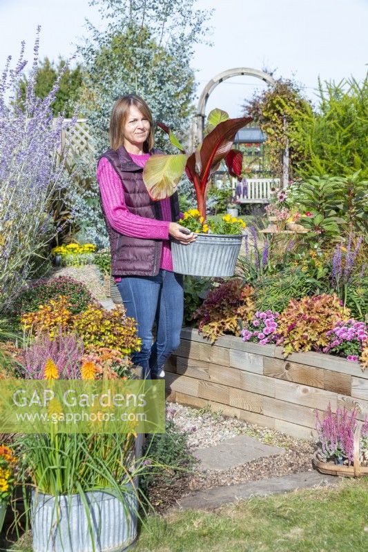Woman carrying a metal container planted with Musa ensete maurelii, and Violas 'Sorbet Yellow' through a garden