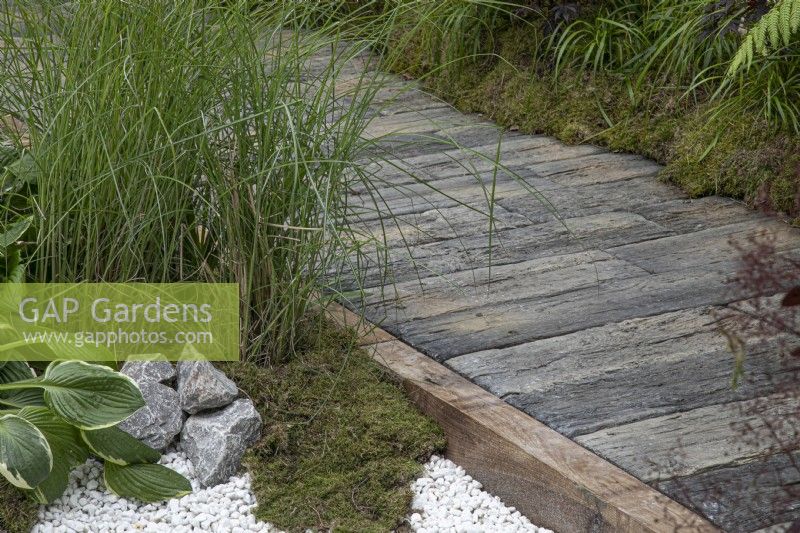 Railway sleeper path in The Lexus Kansho-niwa Experience garden at BBC Gardener's World Live 2022