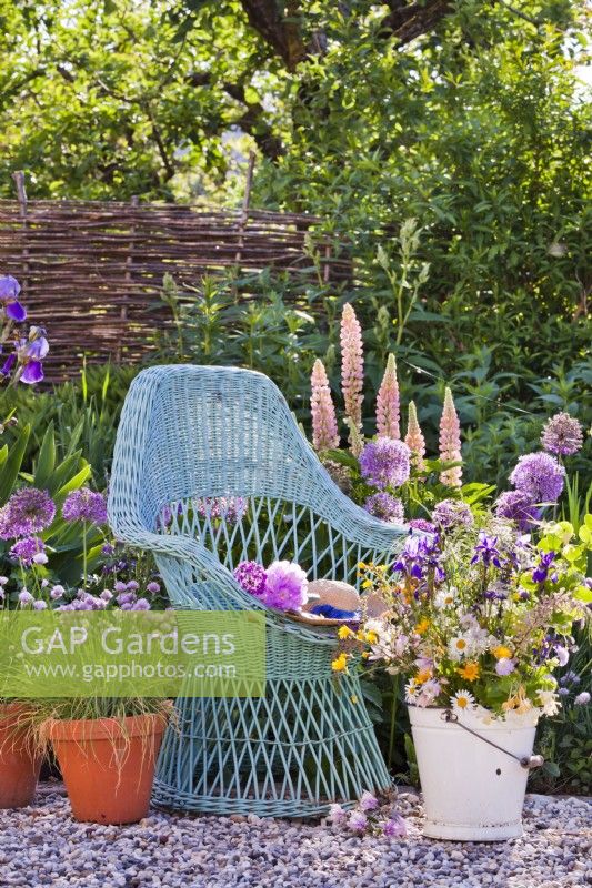 Spring garden with purple themed flowerbed, wildflower bouquet in bucket, potted chives and wicker armchair.