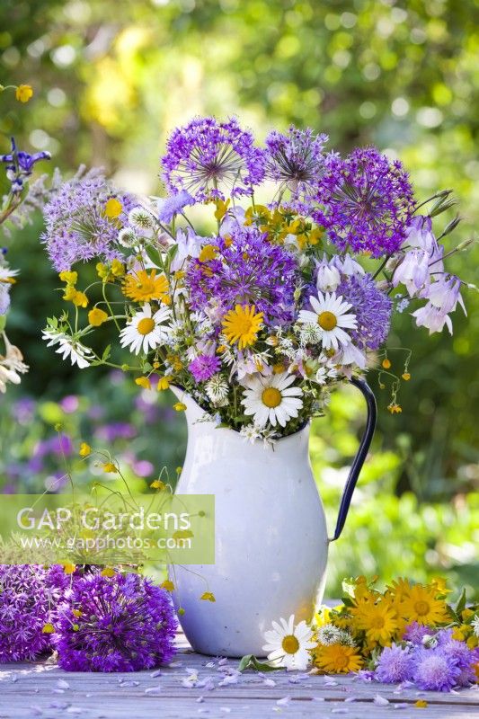 Bouquet of wildflowers and alliums.