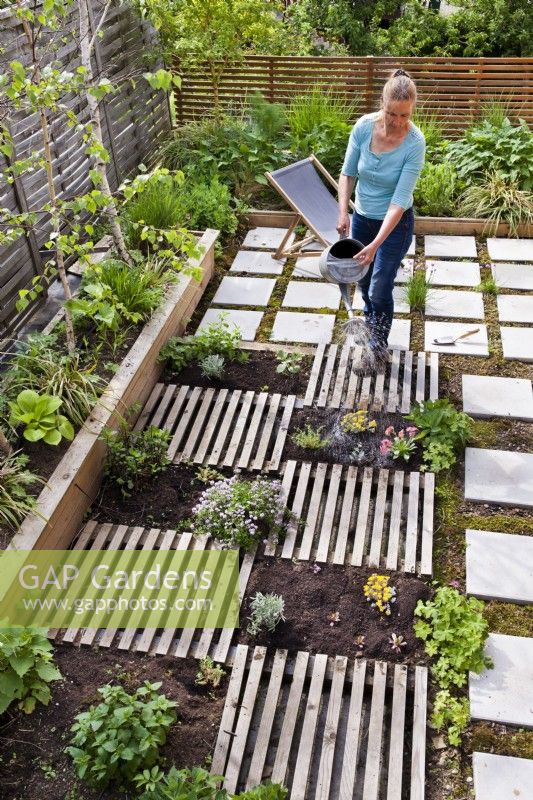 Woman creating drought tolerant flowerbed on the roof of garage. The flower bed is separated by slats, which are decorative and at the same time serve as a path. Watering recently planted herbs and perennials.