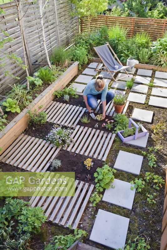 Woman creating border with drought tolerant plants on roof terrace garden planting herbs and succulents. The flower bed is separated by slats, which are decorative and at the same time serve as a path.  