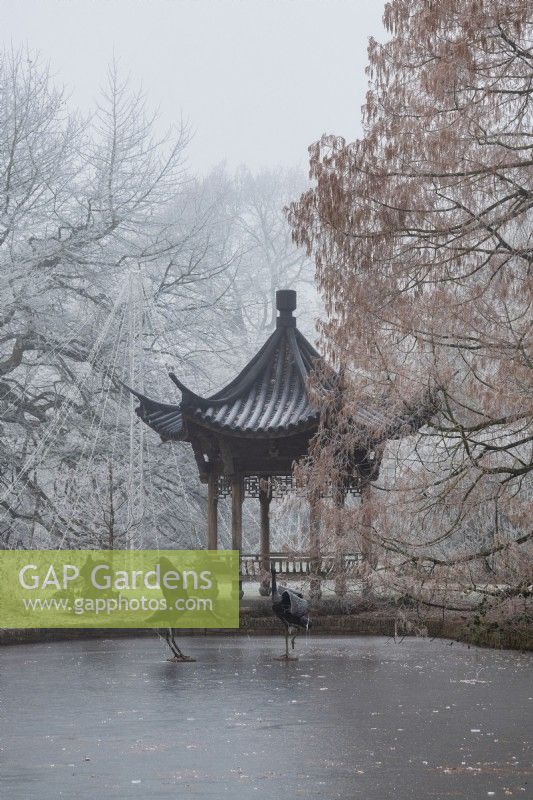 The Chinese Pavilion in the frost at the RHS Wisley Gardens