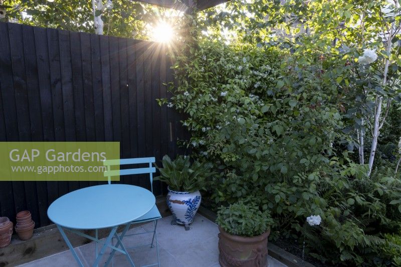 Secluded patio area in suburban garden with small circular table and chair at sunset