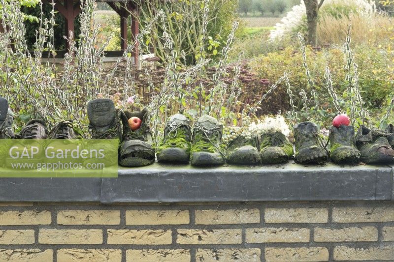 Old moss-covered working shoes in a row as decoration on wall in garden.