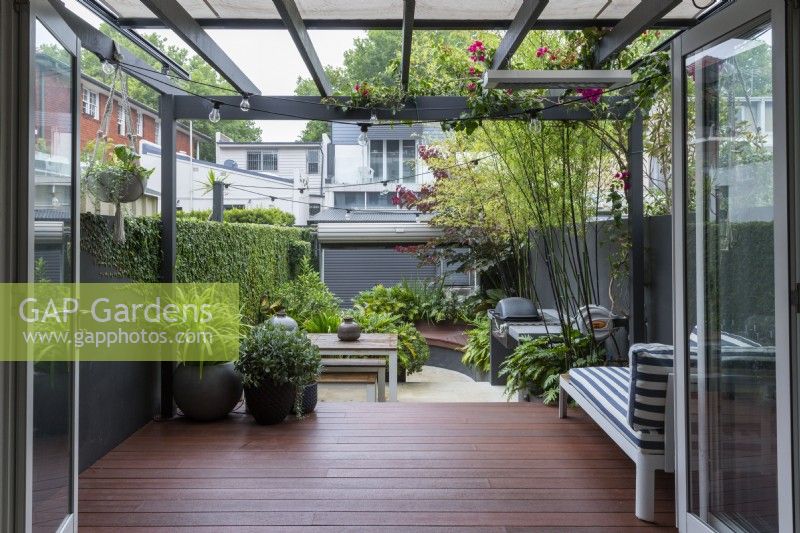 Composite timber deck, pergola and a small inner city courtyard garden.