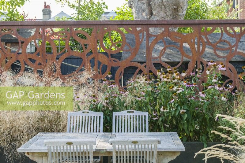 Contemporary town garden with Deschampsia cespitosa - tufted hair grass and Echinacea purpurea planted in raised bed in front of corten steel screen to separate outdoor dining area from children's play area beyond. August