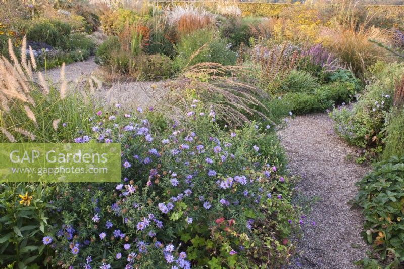 Meandring path amongst  borders with perennials and grasses.