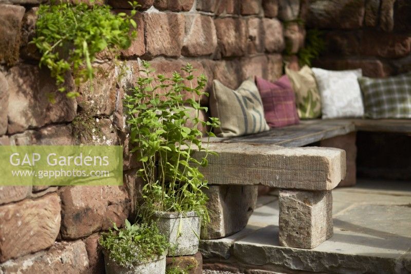 Rustic stone and wood seating area with potted herbs in July. Summer.