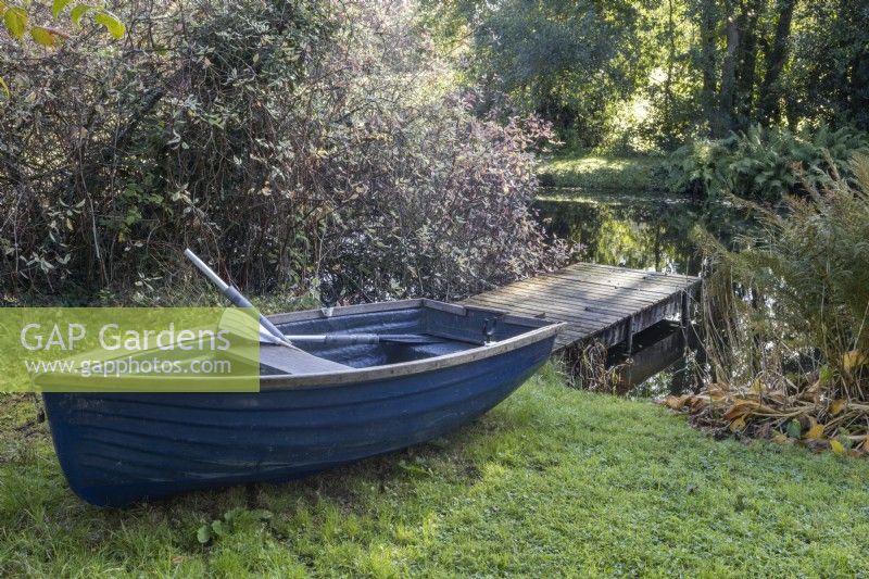 A blue wooden boat with oars sits on grass in front of a wooden pier on a pond. Regency House, Devon NGS garden. Autumn
