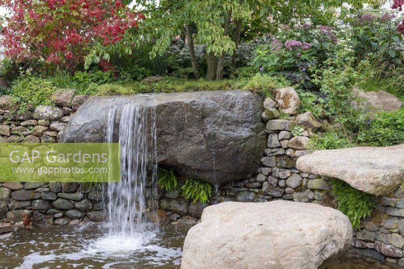 Natural waterfall over a large stone boulder, bright orange leaves and fruits of Viburnum opulus behind - Bible Society: The Psalm 23 Garden, RHS Chelsea Flower Show 2021