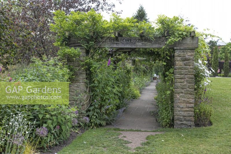 Stone pergola at Winterbourne Botanic Garden - June