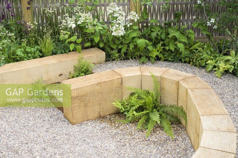 Sunken gravel garden with curved timber block seating and wooden-spoon fence with Hydrangea and ferns in The Wooden Spoon Garden, RHS Hampton Court Palace Garden Festival 2022. Designers: Toni Bowater and Lucy Welsh