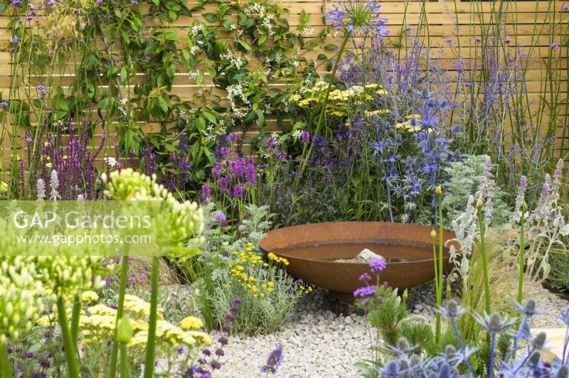 Corten steel water bowl feature in low maintenance gravel garden with drought tolerant plants to attract pollinators, such as Salvia, Achillea, Agapanthus, Stachys byzantina, Nepeta and Stipa tenuissima, surrounded by wooden fencing - Turfed Out, RHS Hampton Court Palace Garden Festival 2022