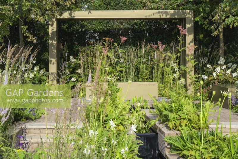 Water rill trough planting of Veronicastrum 'Lavendelterm' and white Hydrangea mixed with grasses under Parrotia persica trees with metal pergola behind - Macmillan Legacy Garden: Gift the Future - RHS Hampton Court Flower Festival 2022