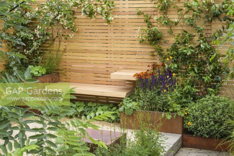 Rusted steel planters with perennials with Helenium 'Moerheim Beauty' and climbers and simple wooden benches, fence and clay paver - Lunch Break Garden at RHS Hampton Court Palace Garden Festival 2022  