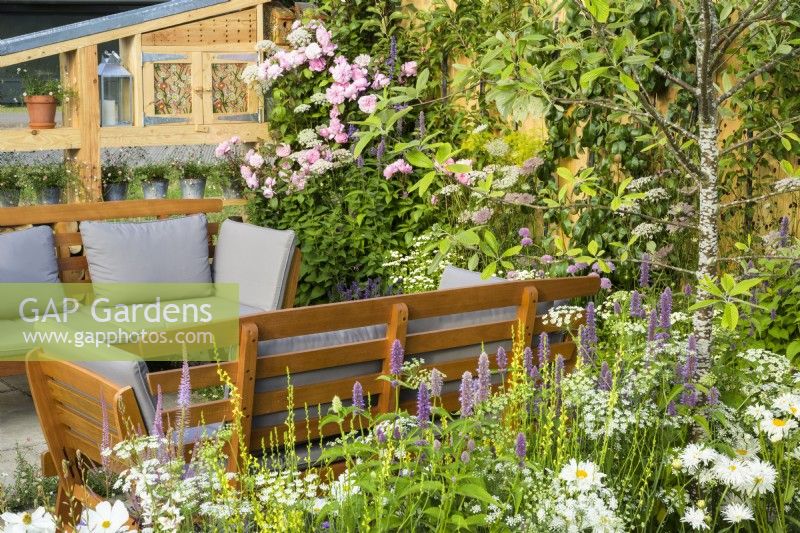 Outdoor shelving and seating area surrounded by pastel planting with white Cosmos and pink roses in #knollingwithdaisies garden at RHS Hampton Court Palace Garden Festival 2022