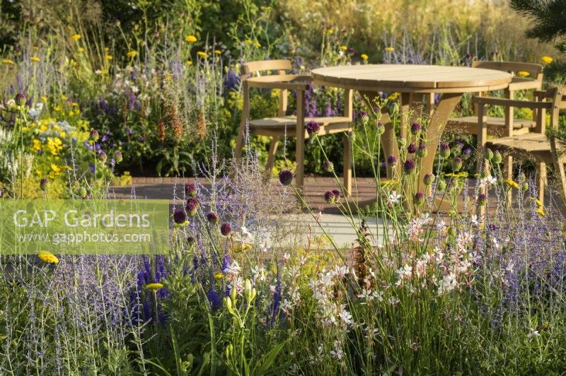 Sitting area with wooden table and chairs and planting of  Allium sphaerocephalon, Achillea 'Coronation Gold', Gaura, Agastache and Perovskia in Joy club garden - RHS Hampton Court Palace Garden Festival 2022- 