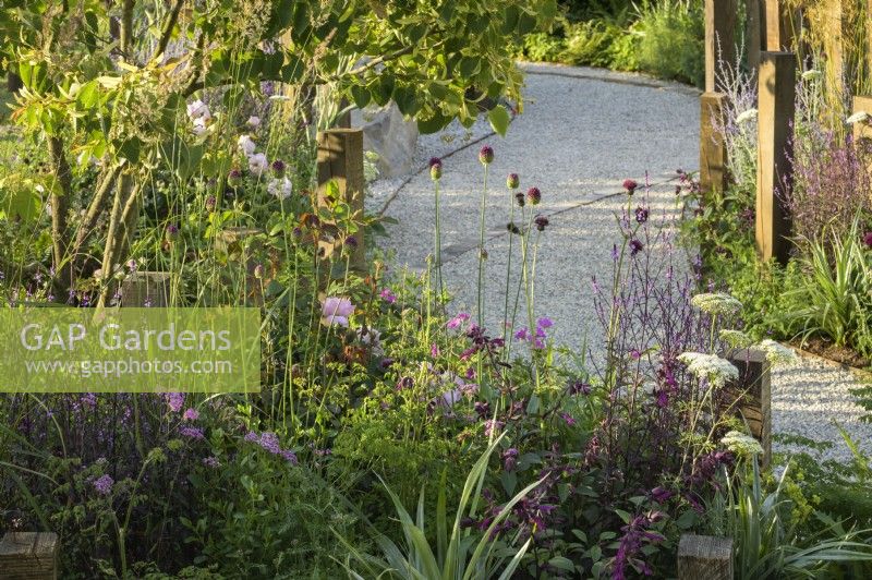 Winding gravel path with wooden edging through perennial mixed planting in A Journey, in Collaboration with Sue Ryder garden at RHS Hampton Court Palace Garden Festival 2022 - Designed by Katherine Holland