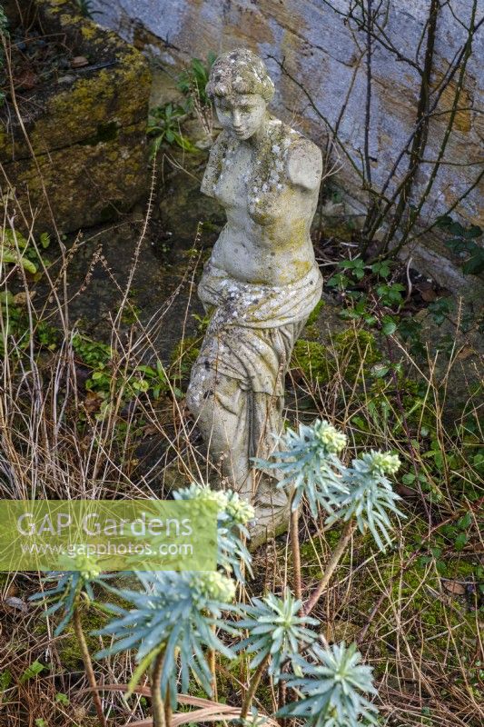 Stone statue in cottage garden in winter