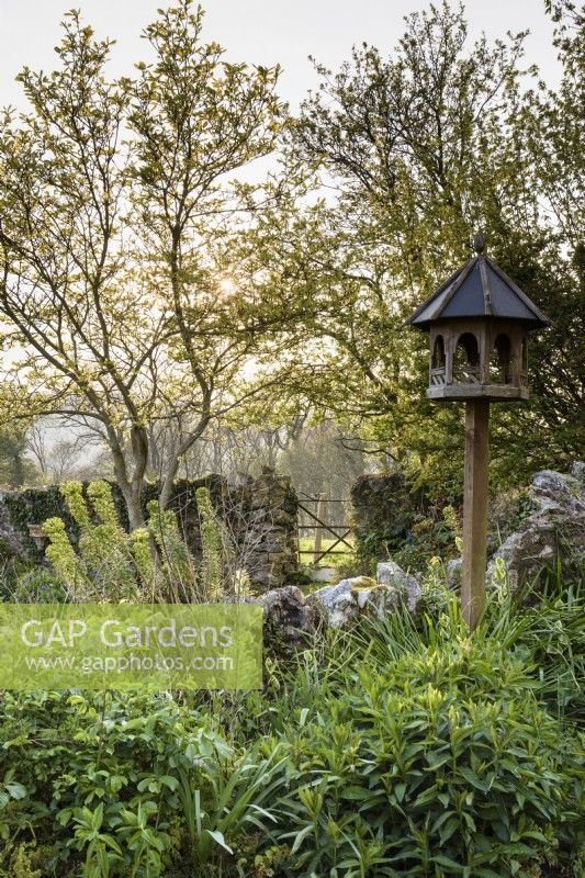 Bird table in a border in a country garden in April