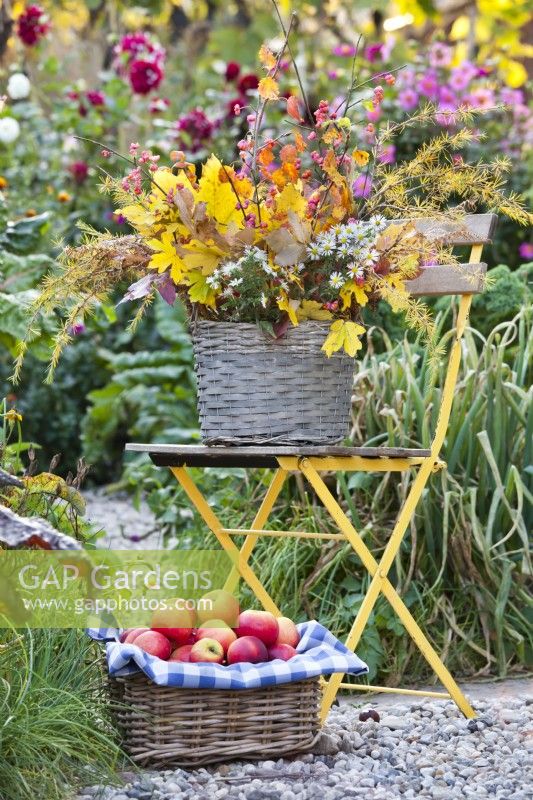 Woven baskets with autumn leaf bouquet and harvested apples .