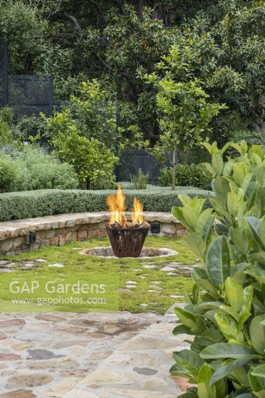Fire pit with Mazus reptans groundcover and sandstone seat bordered by Atriplex nummularia
