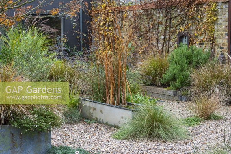 A salvaged galvanised water trough is converted into a water feature, and planted with irises and rushes. Clumps of ornamental grass grow in the gravel.