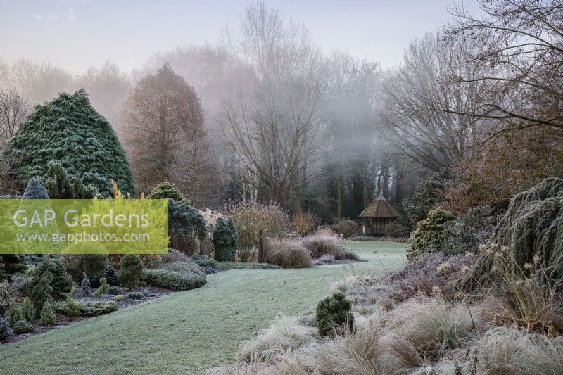 View of mixed beds down to Gazebo on a frosty morning. 