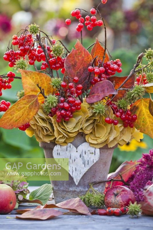 Bunch of guelder rose twigs with red berries and autumn foliage in terracotta pot.