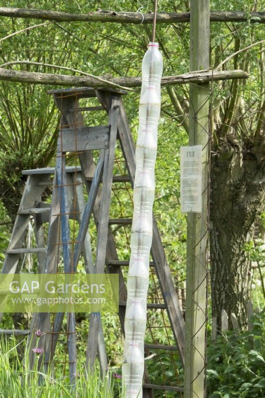 Plastic recycled bottles as drainage. Vintage wooden ladders as decoration and support in the garden under willow trees.