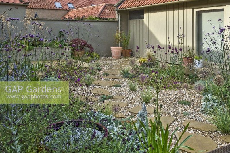 View of small courtyard garden gravel borders with drought tolerant planting including North Yorkshire sandstone paving, wooden boardwalk, rusted water bowl feature by Living Green Design. 

Plants include Verbena bonariensis, Eryngium agavifolium,  
Stachys byzantina and Artemisia schmidtiana 'Nana' - dwarf Schmidt wormwood and Perovskia 'Blue Spire'

Design by Semple Begg