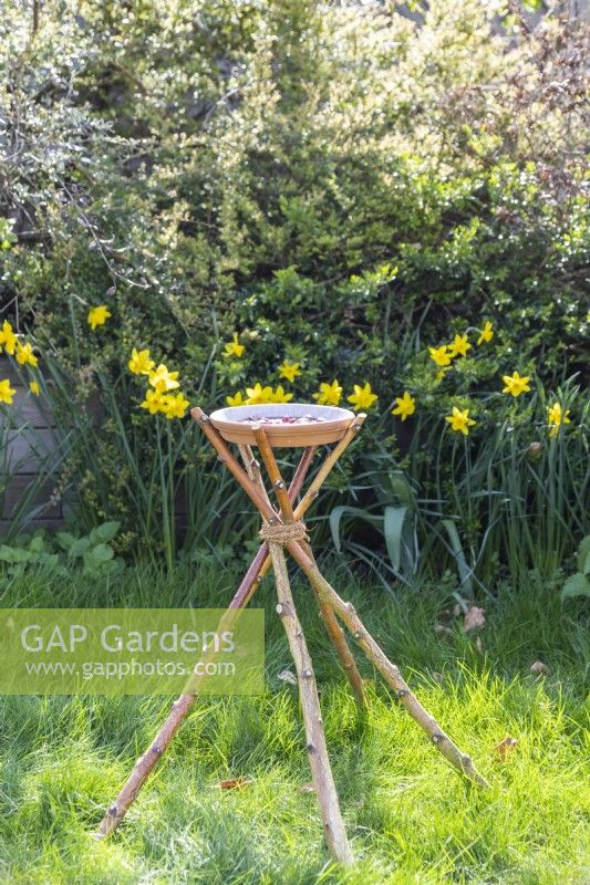 Glass pebble bee feeder on birch stick stand