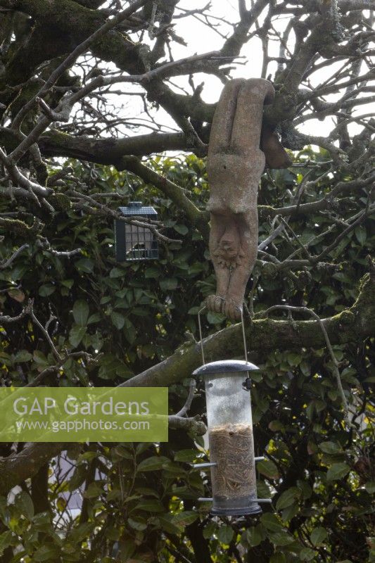 Hanging ceramic bird feeder holder by Tati Dennehy in a tree. February. 