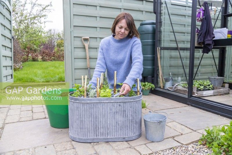 Woman placing a layer of slate over the compost in the herb container