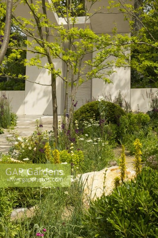 A tall pavilion rising above trees and plants in the  Memoria and  GreenAcres Transcendence Garden,  designed by Gavin McWilliam and Andrew Wilson at the RHS Chelsea Flower Show 2023