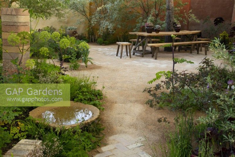 Angelica archangelica and Saxifraga umbrosa around a water filled bowl and path leading to a picnic table in the Nurture Landscapes Garden, a show garden designed by Sarah Price at the RHS Chelsea Flower Show 2023, London, UK, May