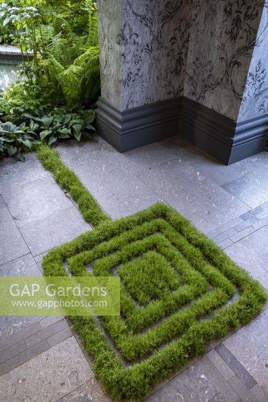 A green labyrinth created from Sagina subulata - Irish Moss in the paving, . Myeloma UK - A Life Worth Living Garden, Gold winner. Designer: Chris Beardshaw