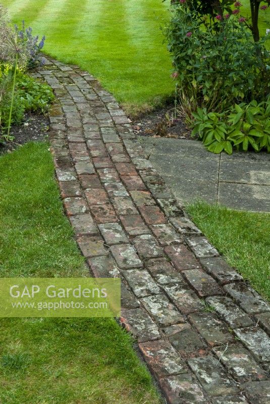 Brick path leading across lawns - Open Gardens Day, Easton, Suffolk