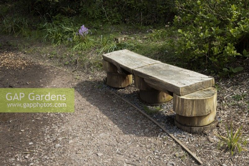 A rustic homemade wooden bench beside a path. Marwood Hill gardens, Devon