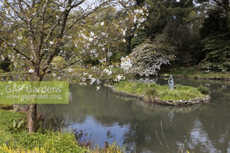 A view under a tree with spring blossom to a large lake with an island in the middle. The island has a sculpture of a young girl swinging a small child into the air. Marwood Hill Gardens, Devon. Spring. May
