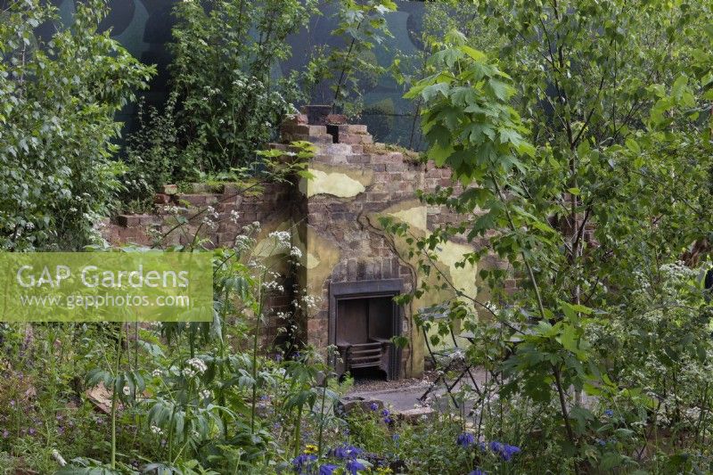 In the heart of this garden celebrating Centrepoint's support of the homeless, a demolished house lies ruined, overgrown with saplings and self-seeding plants. 