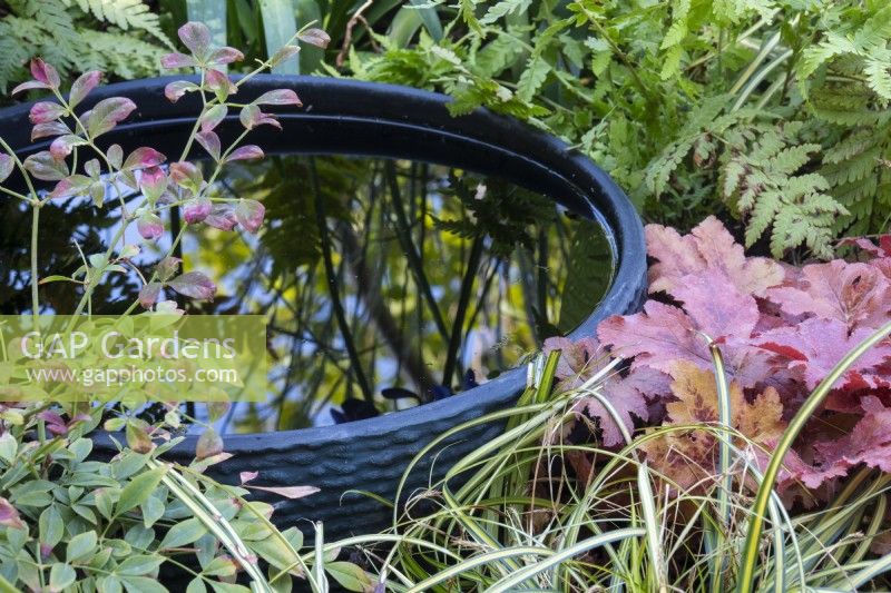Small reflective container pond set into plants - The Chic Garden Getaway - BBC Gardeners' World Live, Birmingham NEC - Designer Katerina Kantalis