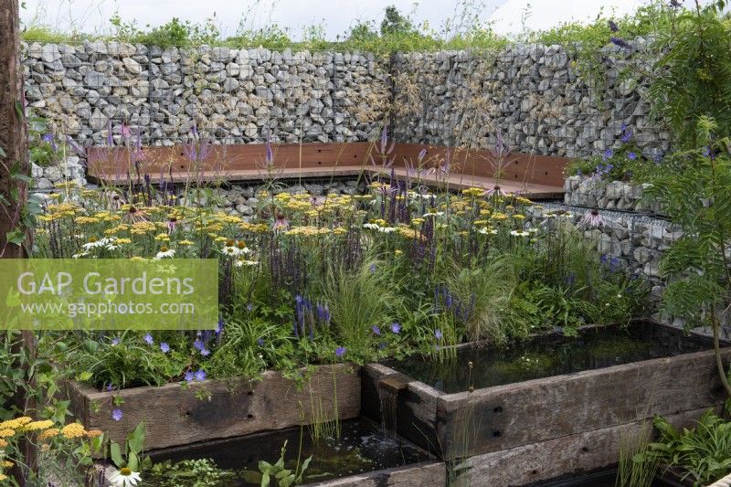 A wildlife friendly, sustainable city space with natural stone gabion walls and wooden bench, reclaimed timber pools, and borders of grasses and nectar rich flowers.