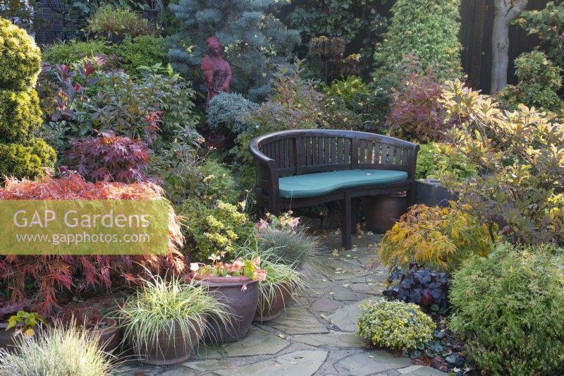 Bench and pots in Four Seasons Garden - West Midlands - October