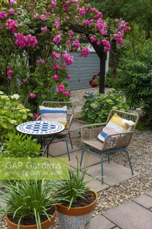 Table and chairs on paved area with nearby Rose, Hydrangeas and plants in pots - Open Gardens Day, Stowupland, Suffolk