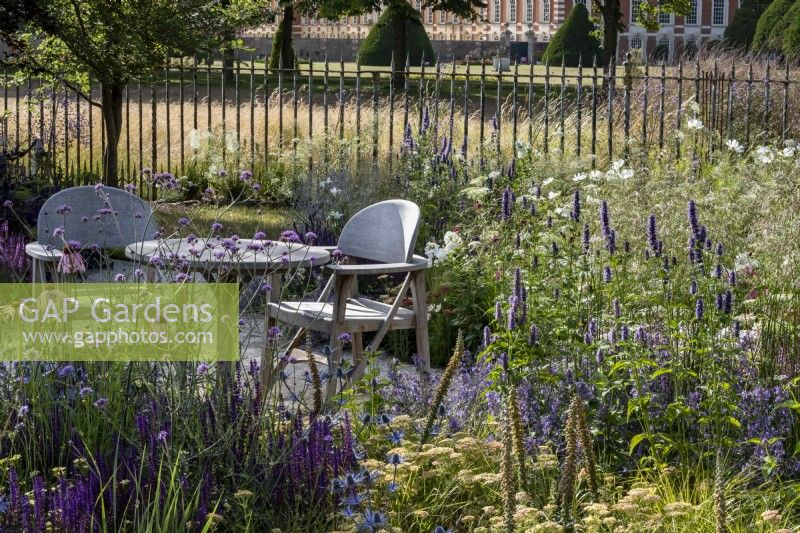 Eryngium 'Big Blue', Salvia Amethyst and Caradonna, Achillea Salmon Beauty, Agastache Black Adder, Verbena bonariensis and Digitalis parviflora  surround the garden table and chairs in the RHS Iconic Horticultural Hero Garden designed by: Carol klein