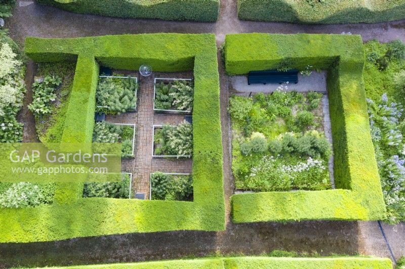 Garden rooms formed by mature clipped hedges of Taxus baccata containing two small formal gardens. June. Summer. Image taken with drone. 