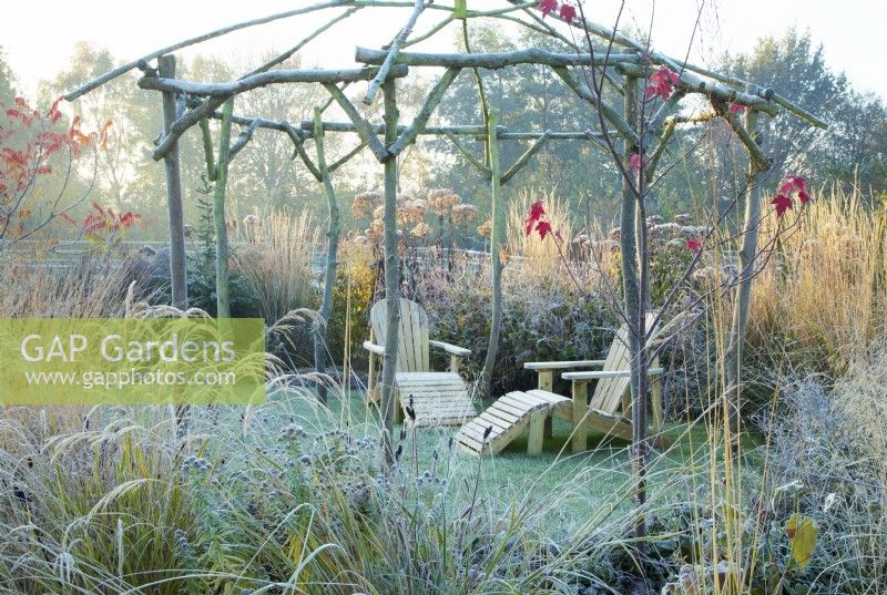 Rustic coppiced ash gazebo and wooden sunloungers in frost, surrounded by ornamental grasses and perennial seedheads